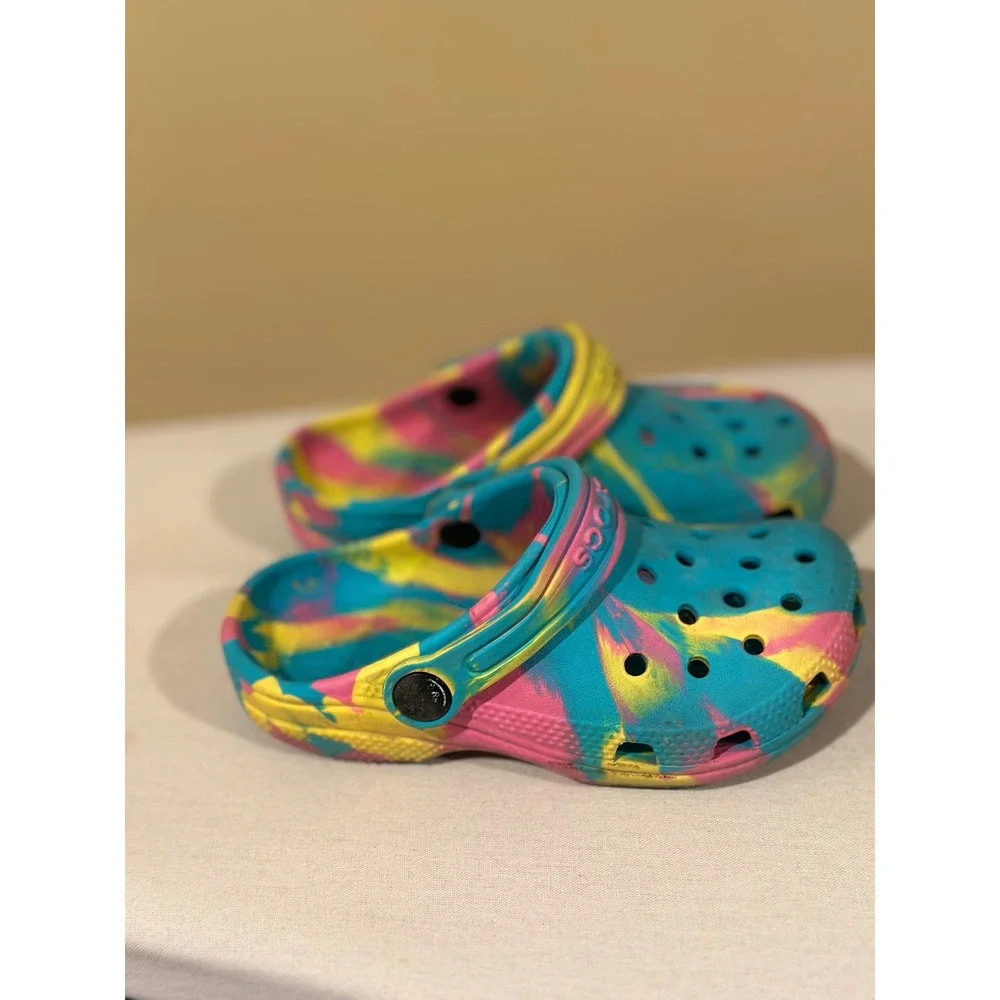 Crocs Classic Marbled Tie Dye Clogs Toddler Size 10 Teal Pink Yellow Kids Shoes